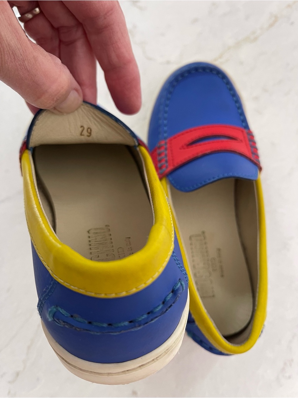 MOSCHINO KIDS Blue, Red & Yellow Leather Penny Loafers - EUC - EU29/US11.5 KIDS - Picture 6 of 12